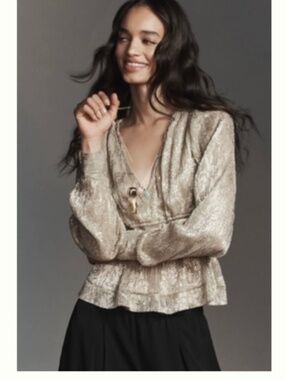 BY ANTHROPOLOGIE METALLIC SMOCKED LONG-SLEEVE SHIRT